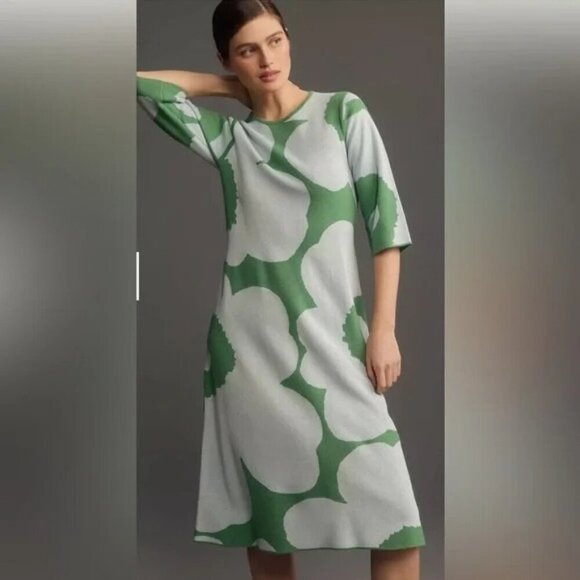 Anthropologie Marimekko Pointti Unikko Knitted Wool Midi Dress Green Size XS NWT - Picture 2 of 5